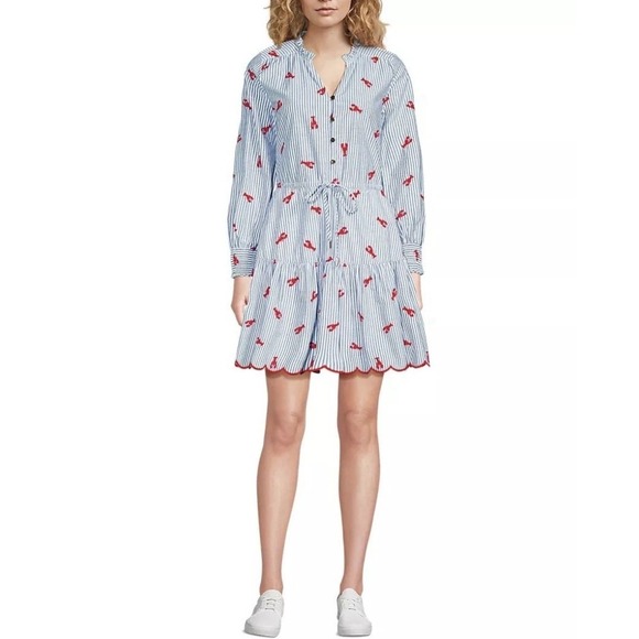 Lands' End Dresses & Skirts - Lands' End Lobster Applique Popover Dress Medium Striped Red Grey Coastal